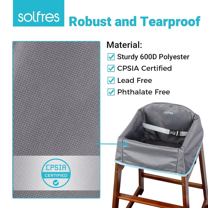 Solfres Dual-Belt Baby High Chair Cover, Upgrade Version, for Wooden or Restaurant High Chair, Sturdy and Robust Material, Waterproof Washable Stain and Slip Resistant, Gray - Image 4